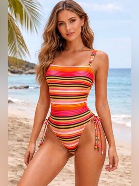 Colorful Striped One Piece Swimsuit XS L Side Tie High Cut NWT